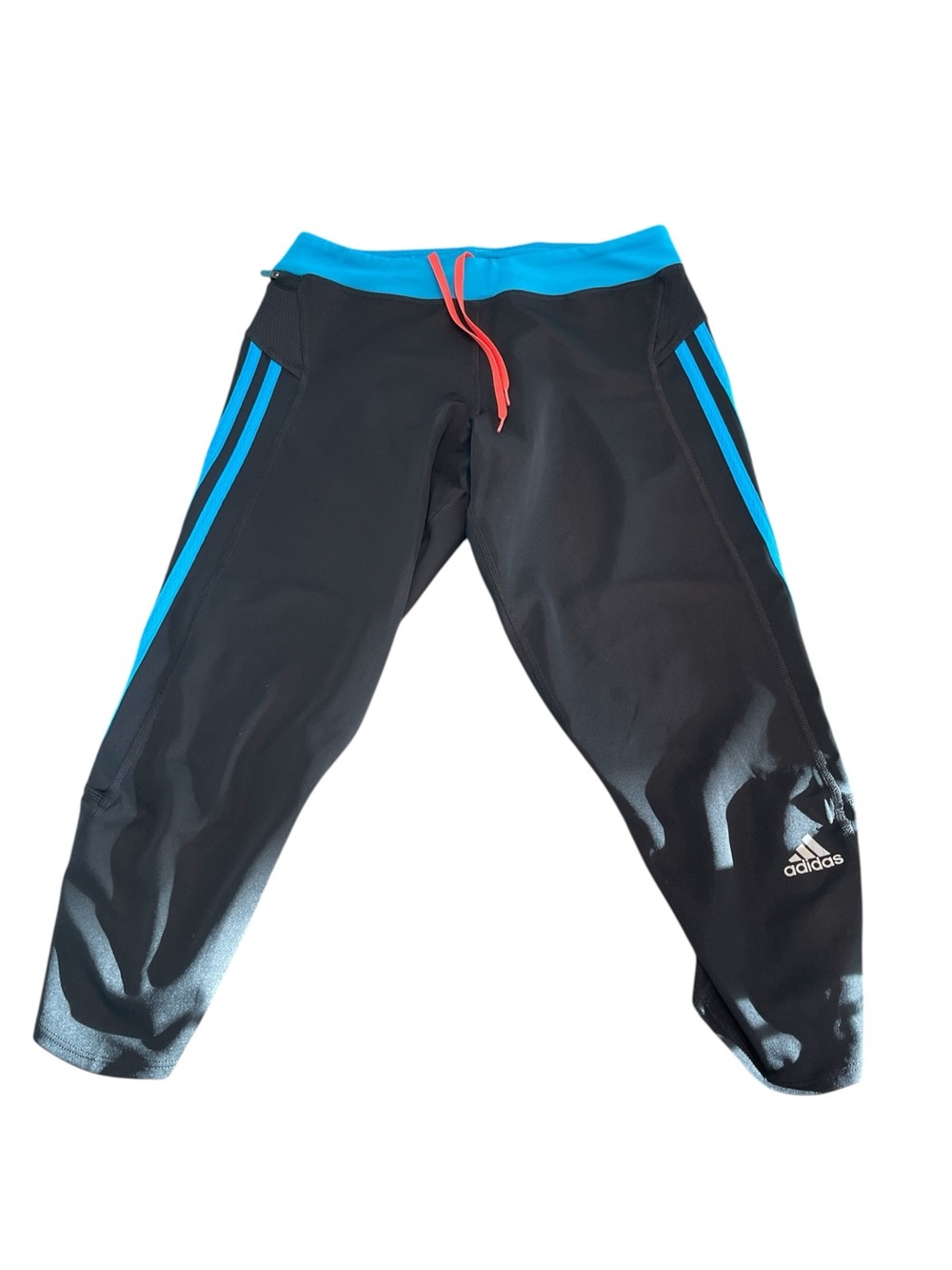 adidas Women's Black Climalite Cropped Active Leggings with Blue Stripes Small